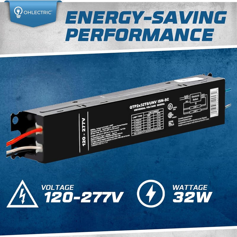 OHLECTRIC Replacement for Sylvania Ballast QTP 2X32T8/UNV ISN-SC, Philips ICN-2P32-N, Keystone KTEB-232-UV-IS-N-P, for 2 Fluorescent T8 Lamps - 120-277V - 32 Watt - Image 2
